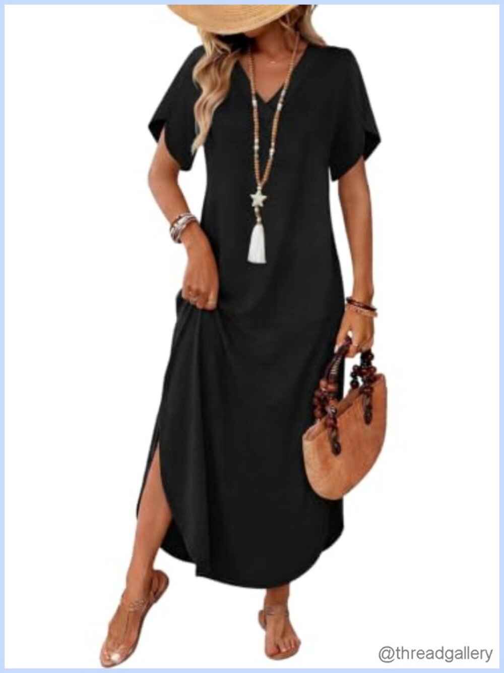 WIHOLL Women's V Neck Maxi Dress with Pockets Side Slit Summer Beach Sundress